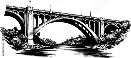 Vintage stone bridge with arched span illustration - ideal for design and art projects