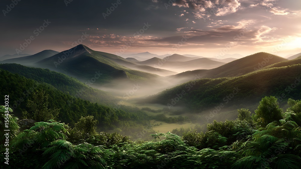 Obraz premium Misty hills sunrise in mountain landscape forest nature background green valley wallpaper