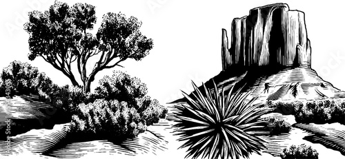 Vintage landscape of sun-bleached mesa and sandstone pillar with desert vegetation