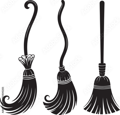 Set of various witch brooms silhouette vector illustration. Halloween broomsticks set. broom Vector