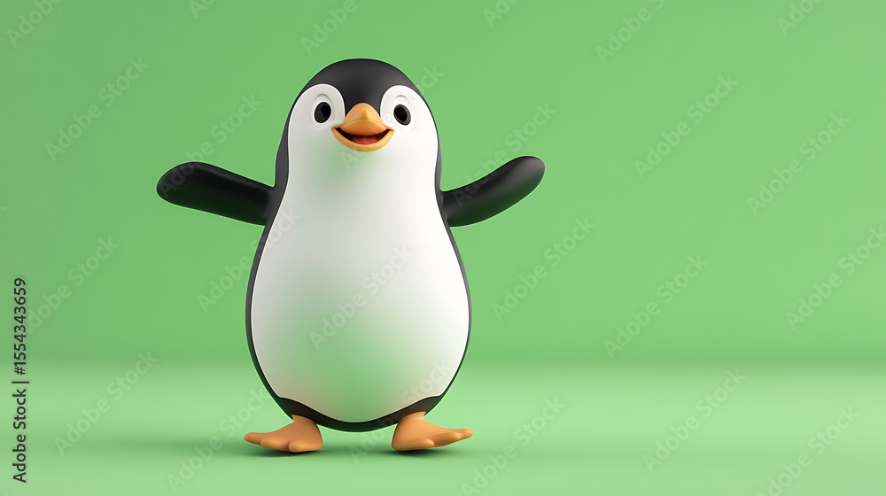 Fototapeta premium Cheerful cartoon penguin standing against a vibrant green background, ready for fun and play