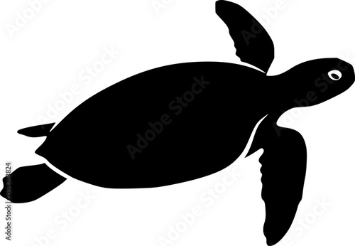 Black silhouette of a sea turtle swimming against a white background
