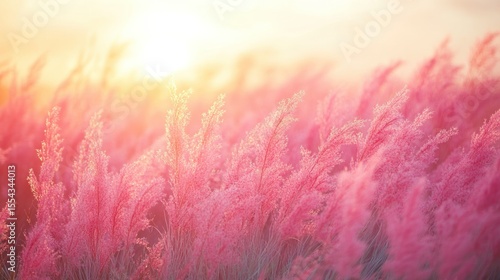 Pink grass field at sunset