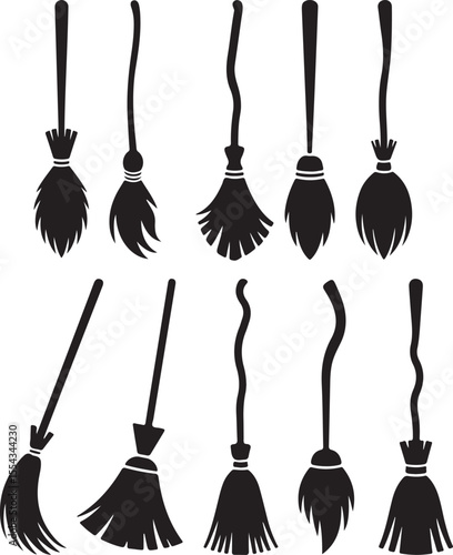 Set of various witch brooms silhouette vector illustration. Halloween broomsticks set. broom Vector