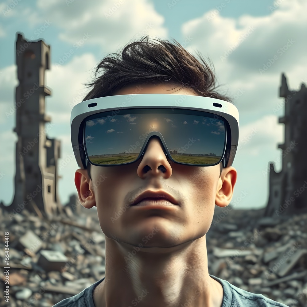 AR Glasses Showing a Different World from Reality
Description: A person wearing AR glasses seeing a perfect world, while the real world behind is decayed — AR Glasses Showing a Different World from Reality
Description: A person wearing AR glasses seeing a perfect world, while the real world behind is decayed —