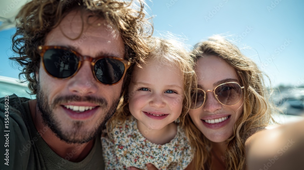 A cheerful family selfie at the beach capturing love and happiness, showcasing a young girl and her parents with joyful expressions in bright sunlight. A cheerful family selfie at the beach capturing love and happiness, showcasing a young girl and her parents with joyful expressions in bright sunlight.
