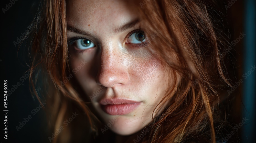 A close-up portrait of a striking young woman with reddish hair, freckles, and captivating eyes, conveying an intense and thoughtful emotional expression in low lighting. A close-up portrait of a striking young woman with reddish hair, freckles, and captivating eyes, conveying an intense and thoughtful emotional expression in low lighting.
