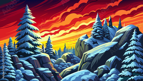 Vector cartoon of snowy winter hills and forest in gentle snowfall, ideal for Christmas designs, hiking themes, and seasonal travel concepts