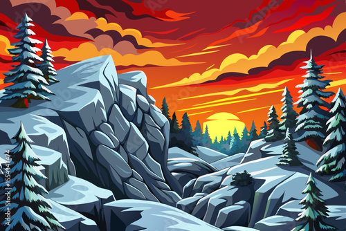 Vector cartoon of snowy winter hills and forest in gentle snowfall, ideal for Christmas designs, hiking themes, and seasonal travel concepts