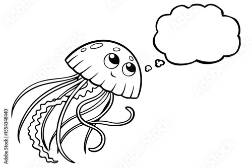 A cartoon jellyfish with a thought bubble isolated on white background