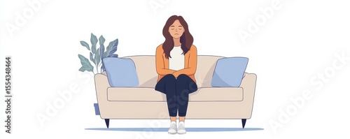 Depressed woman sits on the sofa at home, struggling with feelings of sadness and emotional distress., Generative AI
