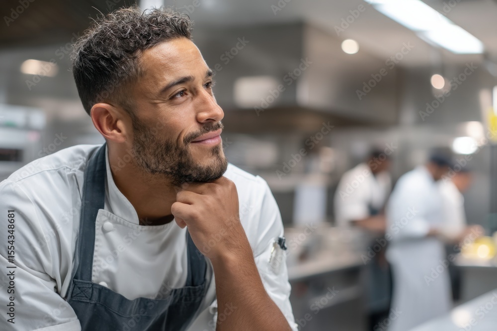 Fototapeta premium Hispanic apprentice reflects on culinary skills in a busy kitchen environment