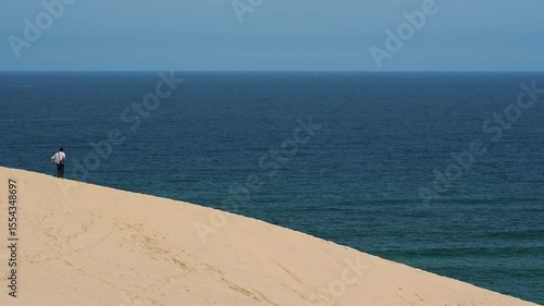 Iconic Japanese desert landscape featuring people ocean horizon.