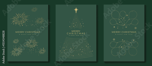 Luxury christmas invitation card art deco design vector. Christmas tree, firework, snowflake, balloon line art on green background. Design illustration for cover, poster, wallpaper.