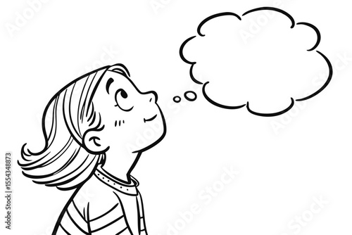 A cartoon girl looking up at a thought bubble isolated on white background