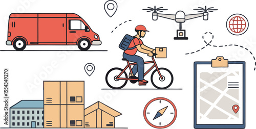 Colorful flat Icon Set of Delivery and Courier Transportation Packages, Drones, and Express Route Elements in Minimal Style on White Background.