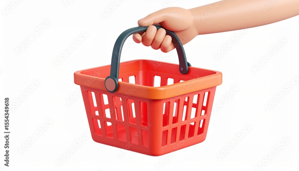 Fototapeta premium hand holding an empty red plastic shopping cart for groceries
