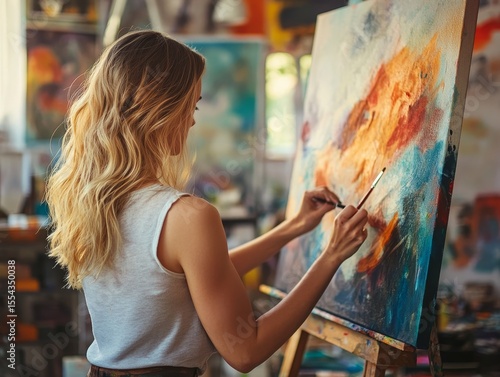Blond Woman Painting Abstract Artwork in Art Studio