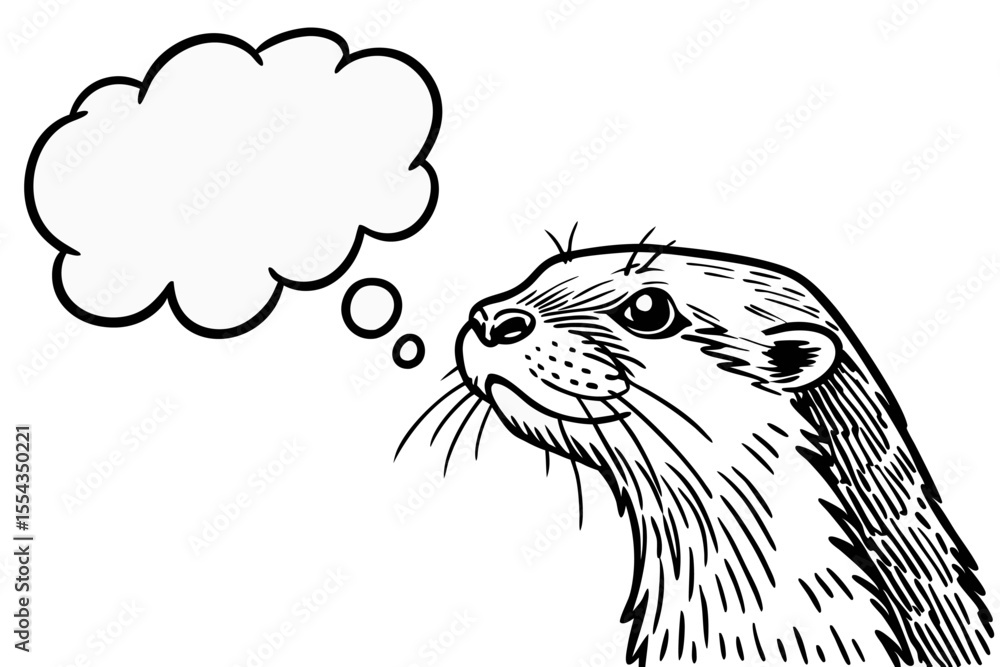 Fototapeta premium A cartoon otter gazes at a thought bubble isolated on a white background