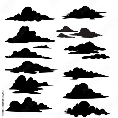 Black Flat Vector Cloud Set – Cartoon Icons for Web, Logo, App, Infographic, Labels & Stickers