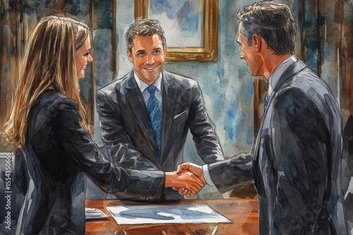 Business people shake hands, sealing a deal or agreement in a professional office environment., Generative AI