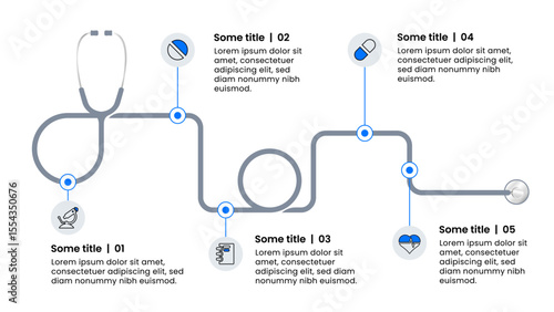 Infographic template. Stethoscope with line and 5 steps