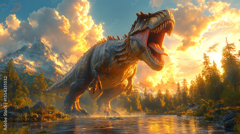 Obraz premium A massive dinosaur roars by a serene river at sunset, surrounded by lush forests and mountains