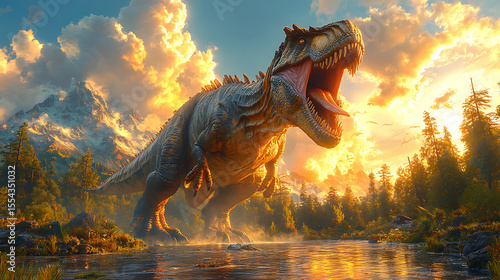 Fototapeta Naklejka Na Ścianę i Meble -  A massive dinosaur roars by a serene river at sunset, surrounded by lush forests and mountains