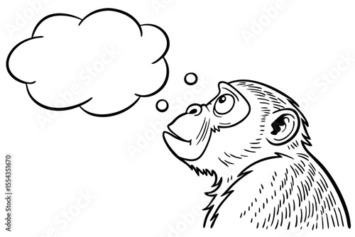 Cartoon monkey looking up at a thought bubble isolated on white background in a whimsical illustration