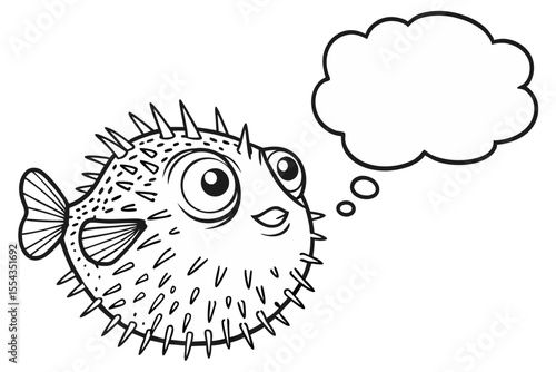 Cartoon pufferfish looking up at a thought bubble isolated on white background in a whimsical illustration