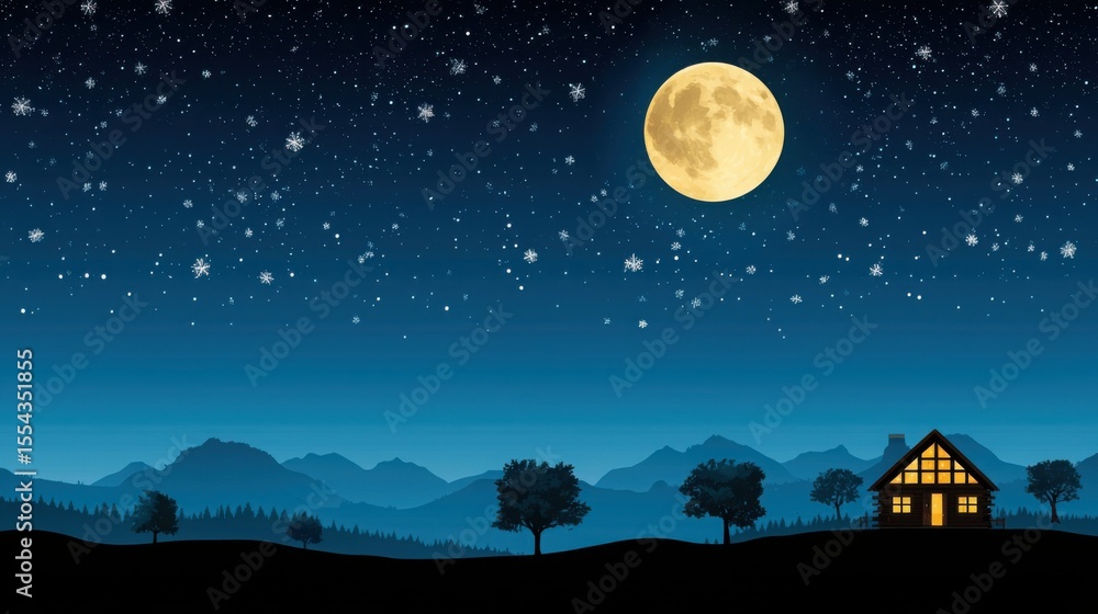Naklejka premium Night scene featuring a house under a full moon with rustic winter lodge illustrations in a serene landscape