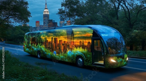 A city bus wrapped in a stunning advertisement, driving through a scenic route with city landmarks in the background, AI Generative.