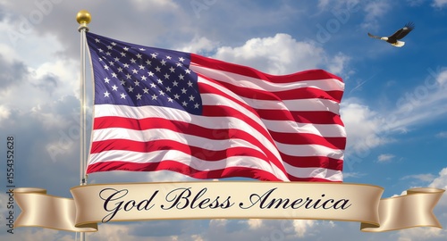 American flag waving beneath a cloudy sky