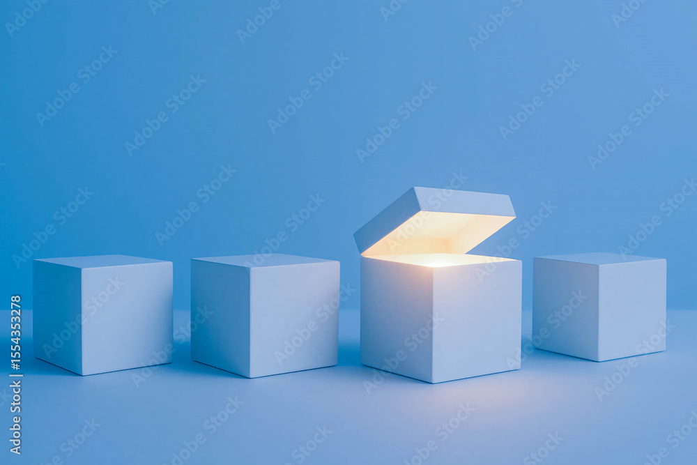 Fototapeta premium Glowing Open White Box Among Closed Boxes - Idea and Opportunity Concept