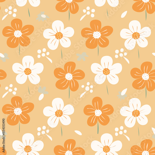 Hand-drawn Floral Seamless Pattern with Daisies and Leaves – Vintage Botanical Design