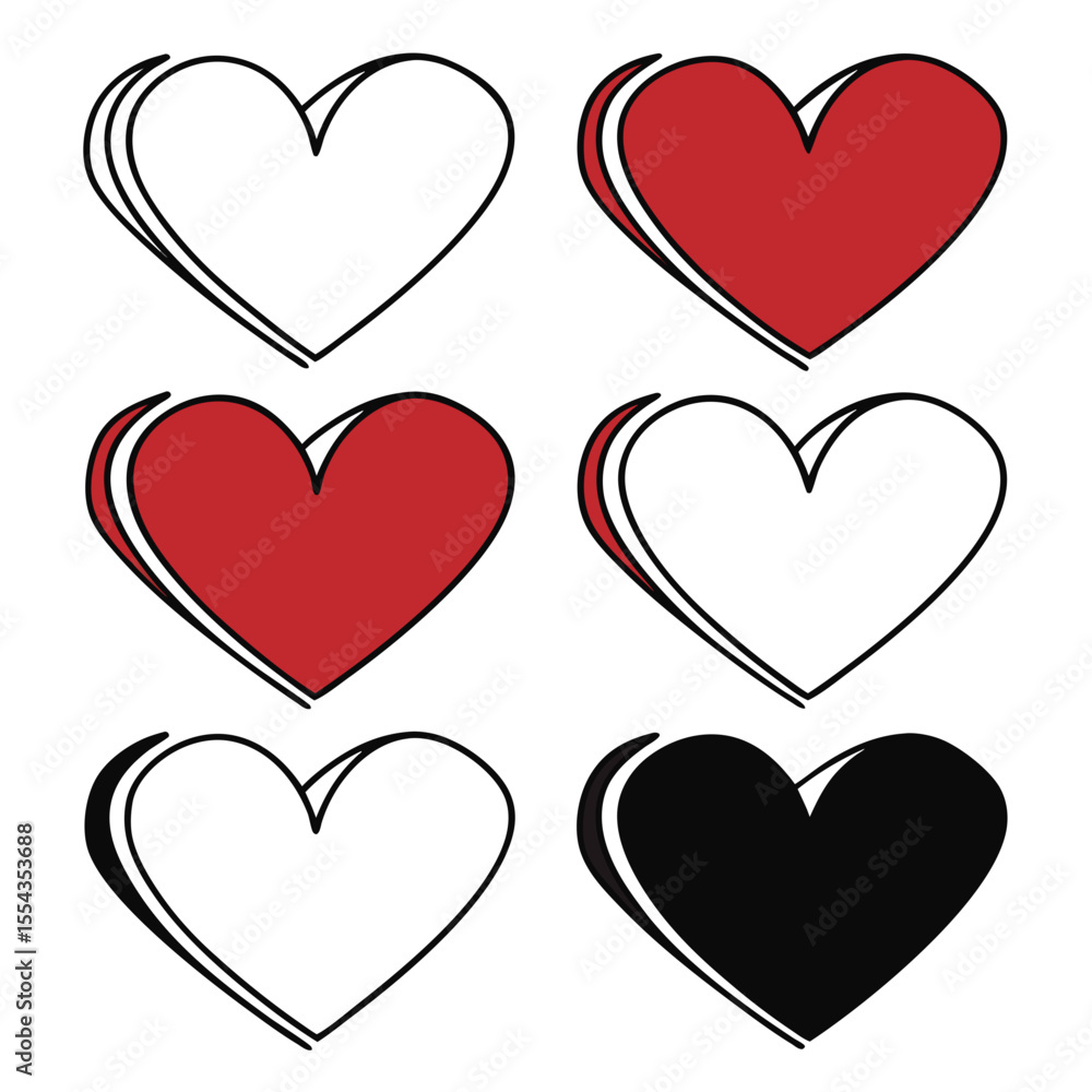Set of four hand-drawn pink and red heart illustrations in a cute doodle style, symbolizing love, romance, and affection on a white background. Set of four hand-drawn pink and red heart illustrations in a cute doodle style, symbolizing love, romance, and affection on a white background.