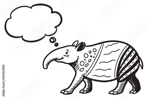Cartoon tapir with a patterned body is thinking with a thought bubble isolated on white background