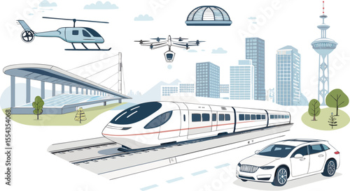 Colorful flat Icon Set of Futuristic and Conceptual Transport Modes, and Hyperloop, in Minimal Style on White Background.
