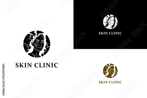 illustration of female face emerging from a broken circle, vector logo for skin treatment, skin doctor, healthy skin, skin specialist, dermatology, beauty, skincare, skin clinic, and more