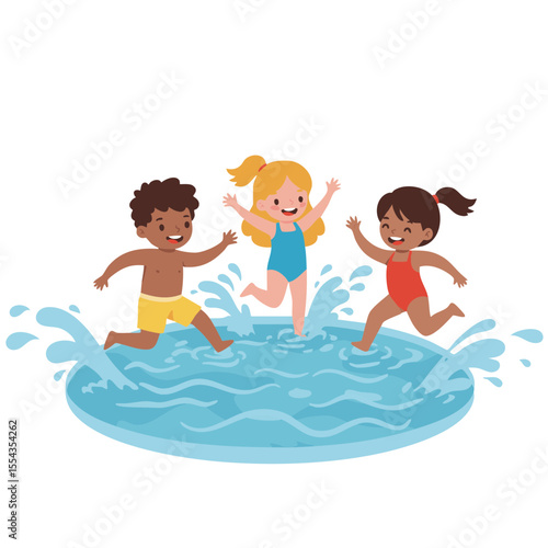  Three Kids Playing Water Tag in Round Pool, Flat Vector