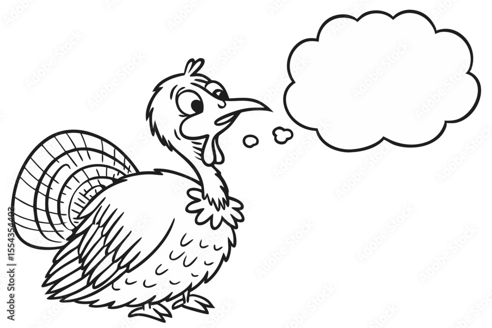 Cartoon turkey with a thought bubble looks to the side isolated on white background Cartoon turkey with a thought bubble looks to the side isolated on white background