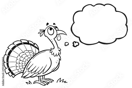 Cartoon turkey with a thought bubble looks up isolated on white background