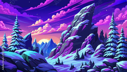 Vector cartoon of snowy winter hills and forest in gentle snowfall, ideal for Christmas designs, hiking themes, and seasonal travel concepts