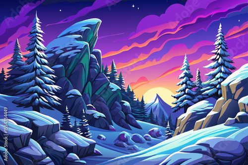 Vector cartoon of snowy winter hills and forest in gentle snowfall, ideal for Christmas designs, hiking themes, and seasonal travel concepts