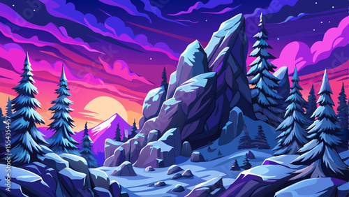 Vector cartoon of snowy winter hills and forest in gentle snowfall, ideal for Christmas designs, hiking themes, and seasonal travel concepts