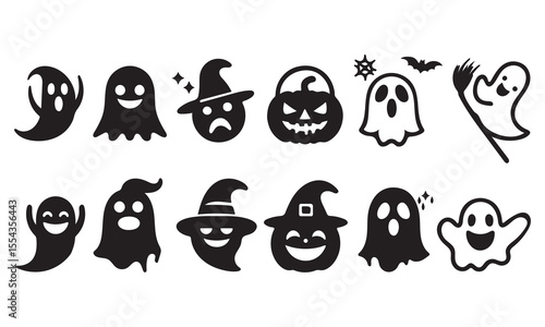 Halloween funny spooky emoji ghost silhouette set. perfect for halloween and festive design Vector illustration 