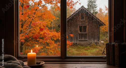 Autumn window view cabin