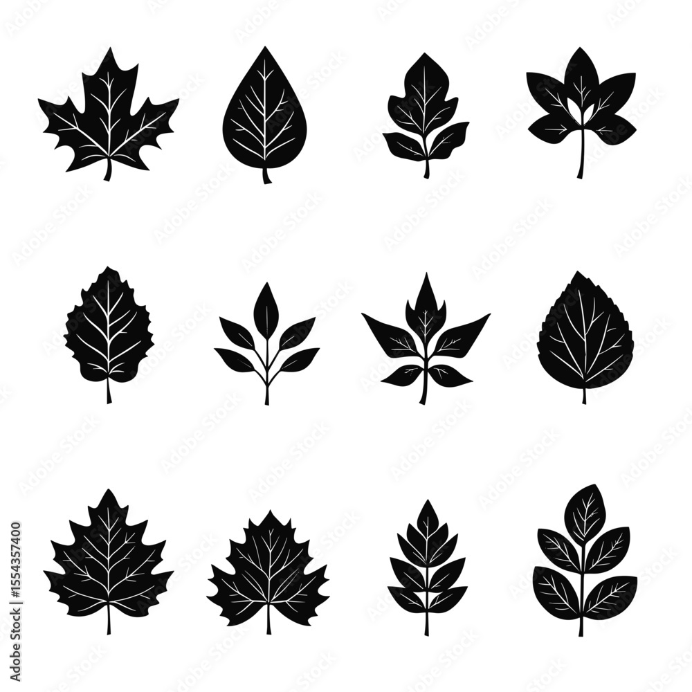 Obraz premium Autumn leaf icons in black silhouette style, variety of shapes for seasonal design