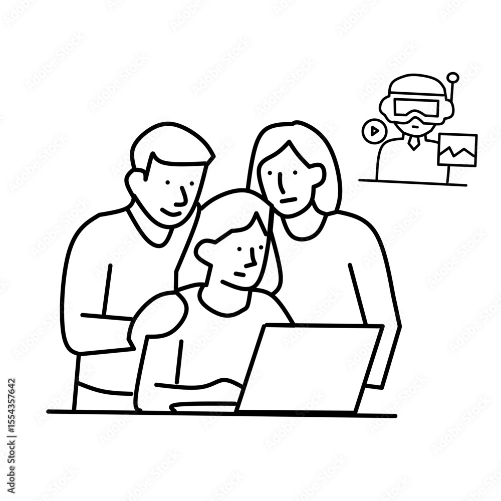 Line icon of group learning or working on laptop with virtual reality content, representing online education, teamwork, digital collaboration, and metaverse-based learning. Line icon of group learning or working on laptop with virtual reality content, representing online education, teamwork, digital collaboration, and metaverse-based learning.