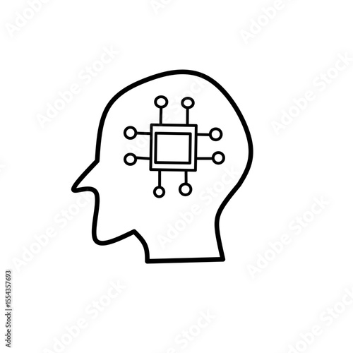 Line icon showing central microchip connected to cloud, database, and mobile devices. Represents cloud computing, data sharing, IoT, and digital network infrastructure.